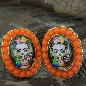 Orange Beaded Frida Kahlo  Earrings New
